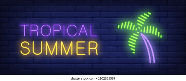 Tropical summer neon style lettering. Palm on brick background. Bright wall sign. Summer resort, beach, hotel sign. Bright wall sign. Can be used for signboard, banner, web design