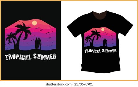 Tropical summer, new and unique typography, surfing, vintage, ocean, holidays t-shirt printing design for girls, men and boys. Summer beach tee shirt design template.
