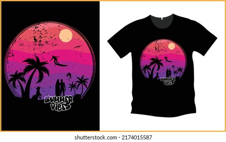 Tropical summer, new and unique typography, fish in the sea, sitting on the bank, surfing, palm trees, setting sun, birds, holidays t-shirt printing design for girls, men and boys. Summer beach tee s
