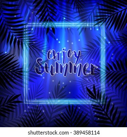 Tropical Summer Night Background. Palm leaves. 