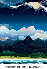 Tropical summer night landscape with mountain and sea on a cloudy sky. Nature vector.
