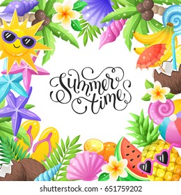 Tropical summer objects in circle composition isolated on white background. Beach party wording with colorful beach objects. Fresh tropical fruits and cocktails icons. Seashells and starfishes symbols