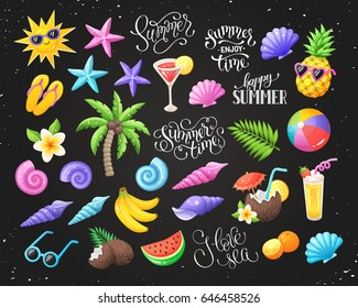 Tropical summer objects isolated on blackboard. Summer time wording with colorful beach objects. Fresh tropical fruits and cocktails icons. Seashells and starfishes symbols.