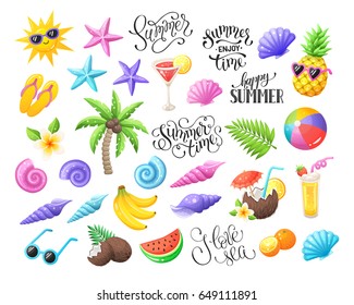 Tropical summer objects isolated on white background. Summer time wording with colorful beach objects. Fresh tropical fruits and cocktails icons. Seashells and starfishes symbols.