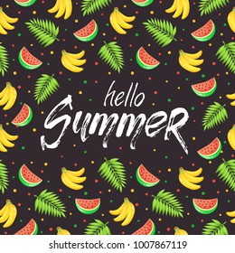 Tropical summer objects in square composition with dotted texture on blackboard. Hello summer wording with colorful beach objects in square frame. Fresh tropical fruits and cocktail icons.
