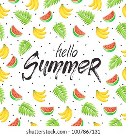 Tropical summer objects in square composition with dotted texture on white backgorund. Hello summer wording with colorful beach objects in square frame. Fresh tropical fruits and cocktail icons.
