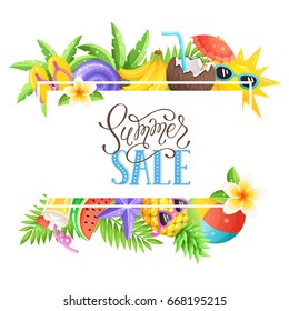 Tropical summer objects in square composition isolated on white background. Summer sale wording with colorful beach objects in square frame. Fresh tropical fruits and cocktail icons.