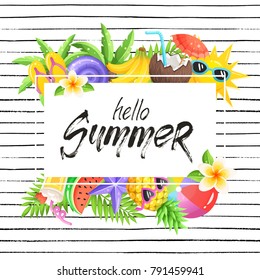 Tropical summer objects in square composition with stripes texture on white backgorund. Hello summer wording with colorful beach objects in square frame. Fresh tropical fruits and cocktail icons.