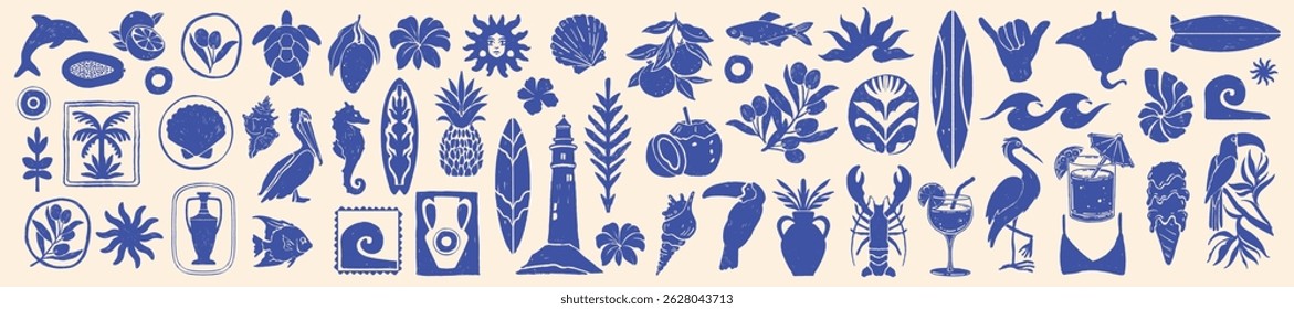 Tropical summer ocean print kit, hand drawn exotic nature silhouette stamp, vintage coastal logo. Sea shore surf travel sticker, Hawaii fruit, plant symbols, postage beach vacation badge. Summer print