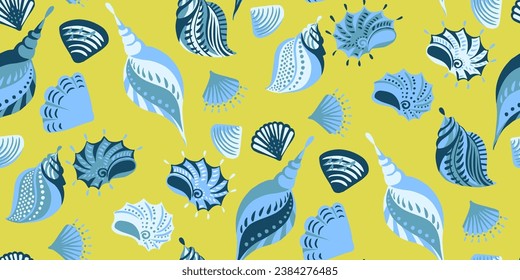 Tropical summer ocean sea shells seamless pattern. Vector hand drawn doodle. Colorful set of blue shells on a green background. Illustration for summer design, print, exotic wallpaper, textile, fabric