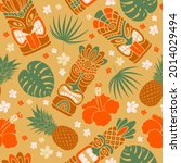 Tropical summer on paradise beach. Seamless pattern with Tiki mask, monstera leaves, pineapple, hibiscus. For wallpapers, web page backgrounds, surface textures, fabrics. Vector illustration.