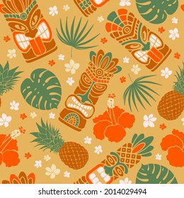 Tropical summer on paradise beach. Seamless pattern with Tiki mask, monstera leaves, pineapple, hibiscus. For wallpapers, web page backgrounds, surface textures, fabrics. Vector illustration.
