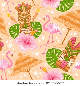 Tropical summer on paradise beach. Seamless pattern with Tiki mask, monstera leaves, pink flamingo, hibiscus. For wallpapers, web page backgrounds, surface textures, fabrics. Vector illustration.