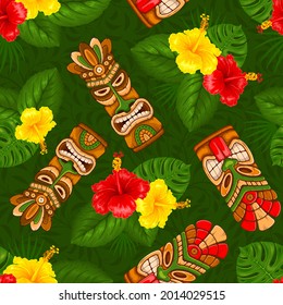 Tropical summer on paradise beach. Seamless color pattern with Tiki mask, hibiscus flowers. For wallpapers, web page backgrounds, surface textures, fabrics. Vector illustration.