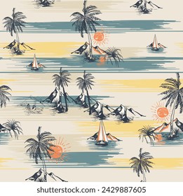 tropical summer palm beach pattern in vector, beach sunset with mountain view all over textile fabric