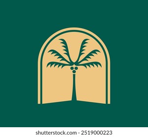 Verano tropical, icono de palmera tropical para agencias de viajes o negocios enfocados en la naturaleza. El emblema de oro verde Vector evoca calidez, relajación y vacaciones, promoviendo destinos exóticos