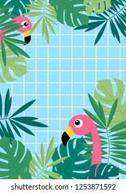 Tropical Summer Palm And Monstera Leaves  And Flamingo Border On Blue Swimming Pool Tiles  Background