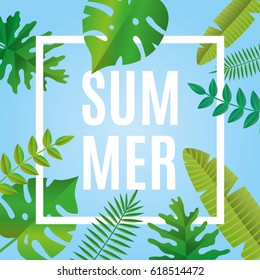 Tropical summer paper background. Summer time vector illustration for banner, header, sale, flyer. Poster party, sticker, billboard, web site. Abstract green backdrop for text, type, font script quote