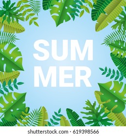 Tropical summer paper background. Summer time vector illustration for banner, header, sale, flyer. Poster party, sticker, billboard, web site. Abstract green backdrop for text, type, font script quote