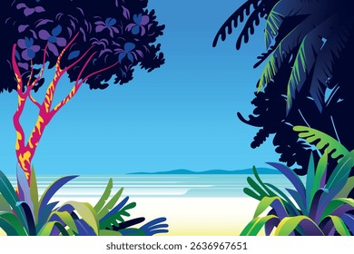 Tropical summer paradise landscape with palm trees, island and the sea in the background. Handmade drawing vector illustration. Can be used to make books, banners, poster etc.
