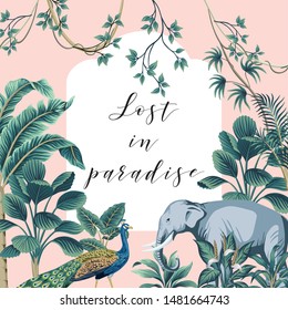 Tropical summer paradise slogan palm leaves, banana tree, liana, elephant, peacock vintage floral illustration. Exotic frame print.