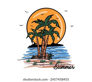 Tropical Summer Paradise Surfing paradise vector t shirt design. Sunshine beach club graphic print design for t shirt print, poster, sticker and other uses. California long beach . Ocean wave.