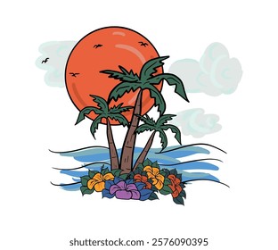 Tropical Summer Paradise Surfing paradise vector t shirt design. Sunshine beach club graphic print design for t shirt print, poster, sticker and other uses. California long beach . Ocean wave.