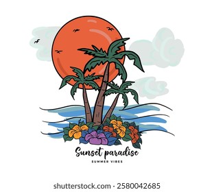 Tropical Summer Paradise Surfing paradise vector t shirt design. Sunshine beach club graphic print design for t shirt print, poster, sticker and other uses. California long beach.