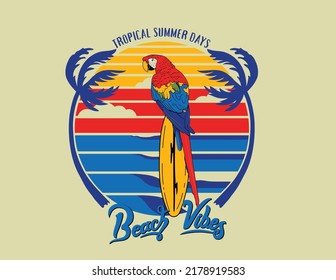 tropical summer with parrot typography design vector