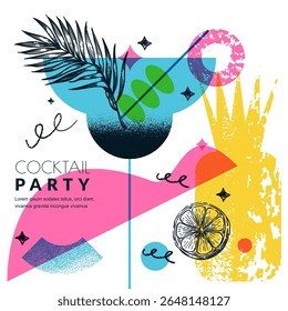 Bannière tropicale d'été avec feuille de palmier, cocktail, citron, ananas. Collage d'Images vectorielles moderne, illustrations dessinées à la main. Conception pour poster de club de plage, menu de bar, événement de vacances, promotion de boisson