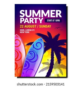 Tropical Summer Party Creative Promo Banner Vector. Surfing Board And Tropical Tree Palm Decoration For Summer Party On Advertising Poster. Style Concept Template Realistic 3d Illustration