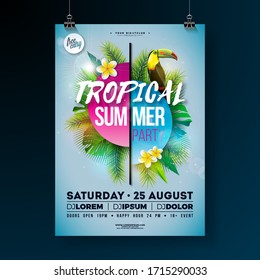 Tropical Summer Party Flyer Design With Flower, Palm Leaves And Toucan Bird On Blue Background. Vector Summer Beach Celebration Design Template With Nature Floral Elements, Tropical Plants And