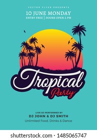 Tropical Summer Party Invitation Poster, Card, Banner with Tropical Leaves. Vector Illustration. 