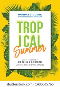 Tropical Summer Party Invitation Poster, Card, Banner with Tropical Leaves. Vector Illustration. 
