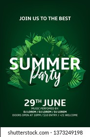 Tropical summer party poster invitation. Vector illustration with tropical leaves in paper cut style on dark green background. Invitation to nightclub.
