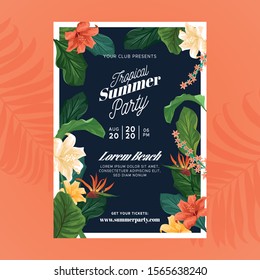 Tropical Summer party poster template with plants and flowers