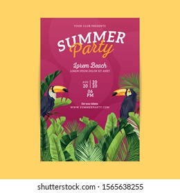 Tropical Summer party poster template with plants and toucans