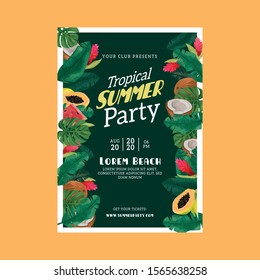 Tropical Summer party poster template with plants and fruits