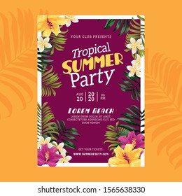 Tropical Summer party poster template with plants and flowers