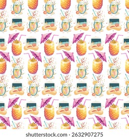 Tropical Summer Party Seamless Vector Pattern. Pineapple Drinks, Umbrellas, and Sunglasses Pattern