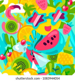 Tropical summer pattern. Bright fruits, berries, ice cream and flamingos with other attributes of warm summer and vacation in pink-green-blue tones. Vector illustration