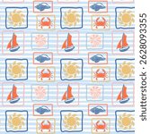 Tropical summer pattern with crab, sun, shells and ship. Marine retro background. Vector.