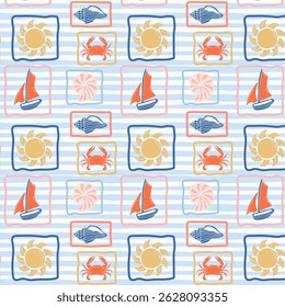 Tropical summer pattern with crab, sun, shells and ship. Marine retro background. Vector.