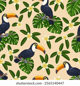 Tropical summer pattern with exotic birds, flowers and leaves. Brazilian toucan background sitting on a branch among plumeria flowers and tropical monstera leaves. Bright summer jungle background.