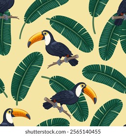 Tropical summer pattern with exotic birds and leaves. Toucan sitting on a branch and leaves background. Fashionable seamless pattern for wallpaper, fabric and various designs. Yellow background.