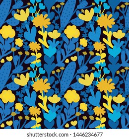 Tropical summer pattern with hand-drawn flowers, leaves on a dark background. Seamless vector floral print. Botanical pattern in bright blue, yellow colors. Abstract creative wallpaper. Perfect vector