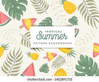 Tropical Summer pattern Illustration Banner Background. Palm Leaf, Pineapple, Ice Cream, Watermelon Design. Vector summer background 