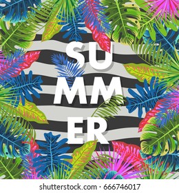 Tropical summer pattern with leaves (coconut palm, fan palm, banana), floral background print, vector illustration