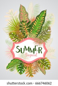 Tropisches Sommermuster mit Blättern (Kokospalme, Fächerpalme, Banane), floraler Hintergrund, Vektorgrafik