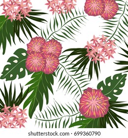 Tropical summer pattern with palm leaves and exotic flowers.Vintage,abstract fashion background.For textile,texture,wallpaper,wedding bells,greeting cards,t-shirt and decor design.Vector illustration.